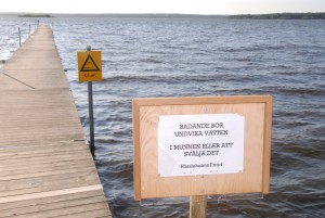 Varningsskylten vid Björkvikens badbrygga sitter kvar så länge eftersom algblomningen fortsätter. Foto: Urban Önell