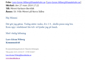 En del av mejlen mellan Norra Skånes chefredaktör Mimmi Karlsson-Bernfalk och kommunalrådet Lars-Göran Wiberg gick att återskapa.