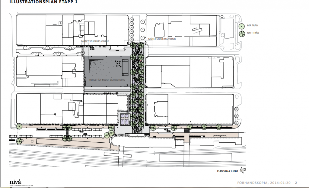 Etapp ett i centrumutvecklingen berör enbart Järnvägsgatan och Första Avenyen upp till Frykholmsgatan. Det kontroversiella torget behandlas senare. 