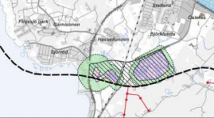 Kartan visar ett föreslag till skyddsavstånd i den fördjupade översiktsplanen, dock ser det inte ut att handla om 300 meter från en och samma punkt.