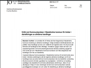 JO riktade den 3 december kraftig kritik mot Hässleholms kommuns, och särskilt tekniska avdelningens, diarieföring.