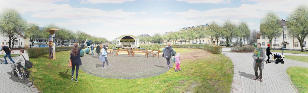 Kaserngården på T4 är platsen för en historisk guidning på torsdag. I sommar kommer T4-området, inklusive musikpaviljongen, också att bli en del av de historiska stadsvandringar som HETS arrangerar. Bilden visar förslaget till ny placering av musikpaviljogen på kaserngården. Skiss: Mono arkitekter AB