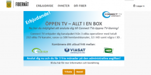 Så här ser erbjudandet från ConnectTV ut på kommunens fiberportal. Intrycket är att det går att beställa nu, trots att det inte finns någon Hässleholms-knapp att klicka på för den som går vidare.