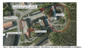 Kartan visar var de misstänkta föroreningskällorna på tekniska kontorets fastighet finns.