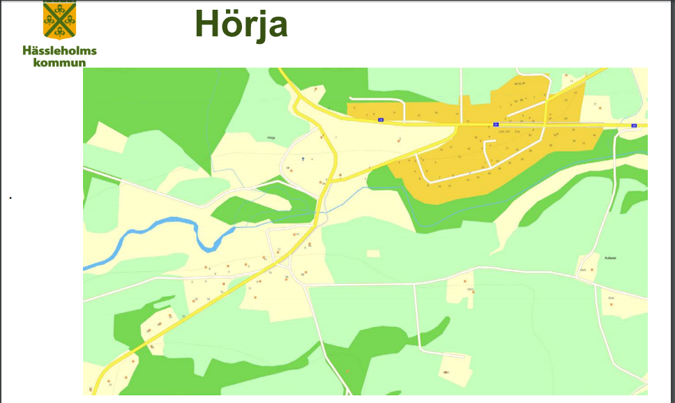 Kartan visar det område där kommunen i första hand tänkt bygga ut fiber i Hörja. Det kan dock justeras utifrån invånarnas intresse och andra faktorer som kommer fram.