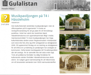 Musikpaviljongen har tagits upp på Svenska byggnadsföreningens gula lista över hotade och bevaransvärda byggnader och miljöer.