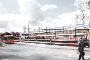 Kommunen har långt gångna planer på hur höghastighetsstationen ska se ut, här en bild från kommunens informationsfolder, vy från Tingshusgatan.