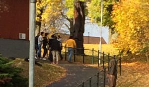 Vittnets bilder visar hur gängen ger sig iväg från Hembygdsparken innan polisen kommer dit. Mannen i orange tröja blev sparkad och trampad i ansiktet när han låg ner på asfalten.