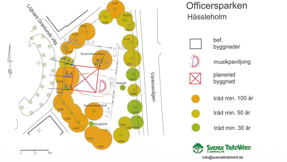 Arboristen de Gourét Litchfield har analyserat hur träden i Officersparken påverkas av det planerade husbygget.