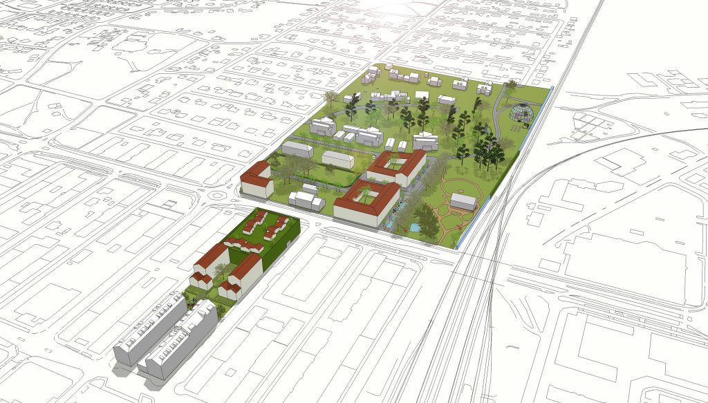 Så här ser planförslaget ut i en vy mot söder med bostäder och parkeringshus på Vänhem närmast och Paradiset på andra sidan Kristianstadsvägen.