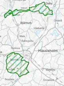 Kartan visar de områden som Naturvårdsverket föreslagit som riksintresse för friluftsliv i Hässleholms kommun.