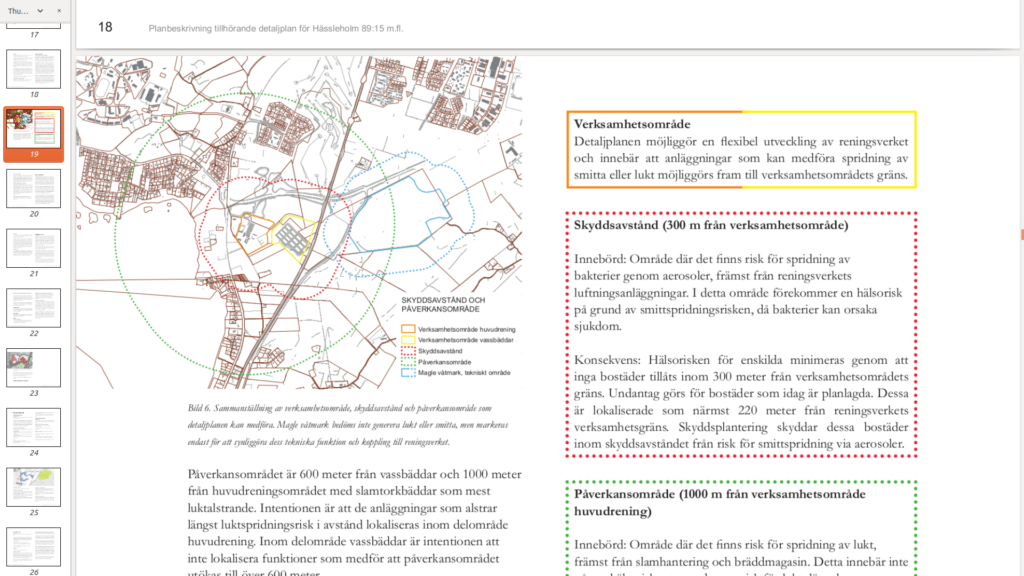 Bilden visar en karta över hur långt ett 1 000 metersavstånd från reningsverket i Hässleholm skulle sträcka sig.