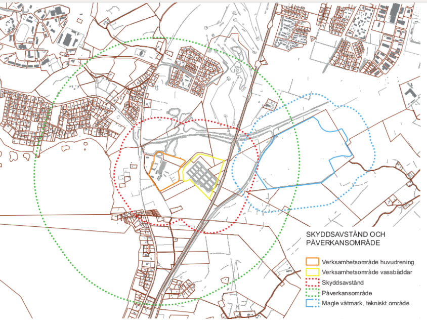 Bilden visar en karta över hur långt ett 1 000 metersavstånd från reningsverket i Hässleholm skulle sträcka sig.