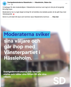 SD påstår på sin facebooksida att M gått ihop med V, vilket inte stämmer.