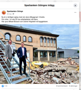 Bilden visar inlägget på bankens Facebook om att bygget startat.