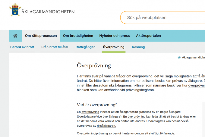 Bilden visar Åklagarmyndighetens hemsida.