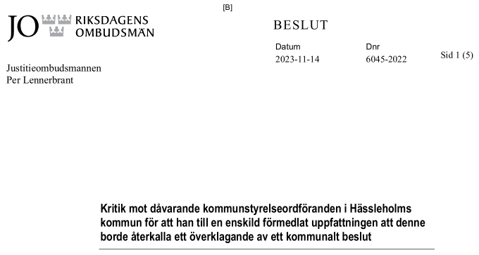 Bilden visar JO-beslutets inledning.